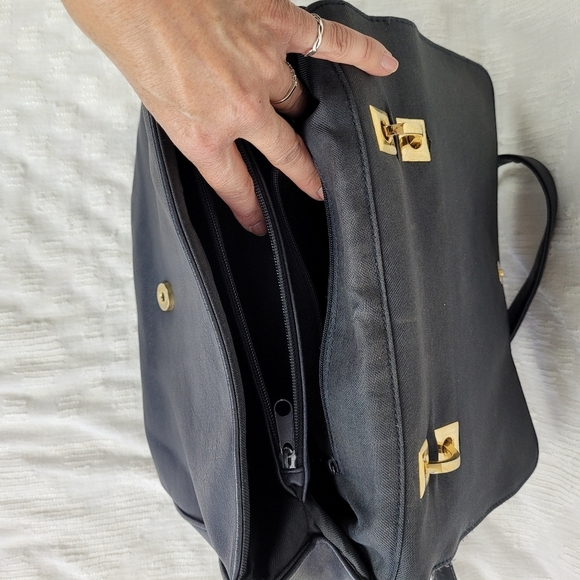 Navy blue shoulder bag long strap short handle satchel gold accents grandma chic - Picture 9 of 11